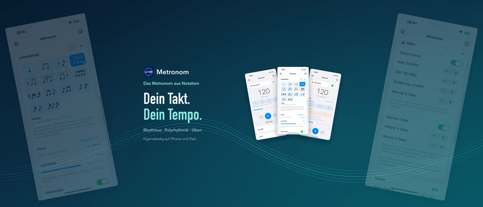 Metronom aus Notation: ruhige, dunkelblaue Gestaltung mit Tempoanzeige und Rhythmusauswahl.
