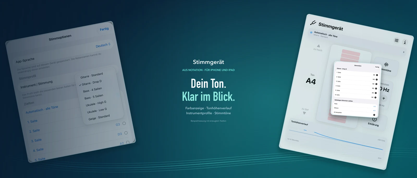 Stimmgerät aus Notation: Dein Ton. Klar im Blick. Mittiger Text und App-Ansichten in den Notation-Farben.